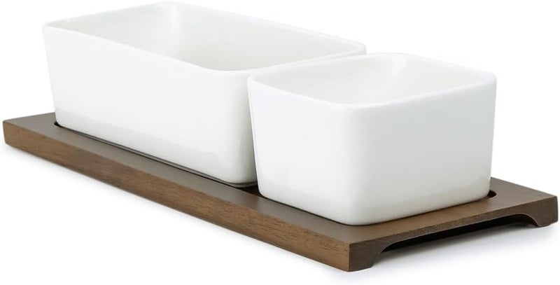 Shallow Acacia Wood Porcelain 2 Pieces Serving Set, 29cm, White & Brown - Image 2
